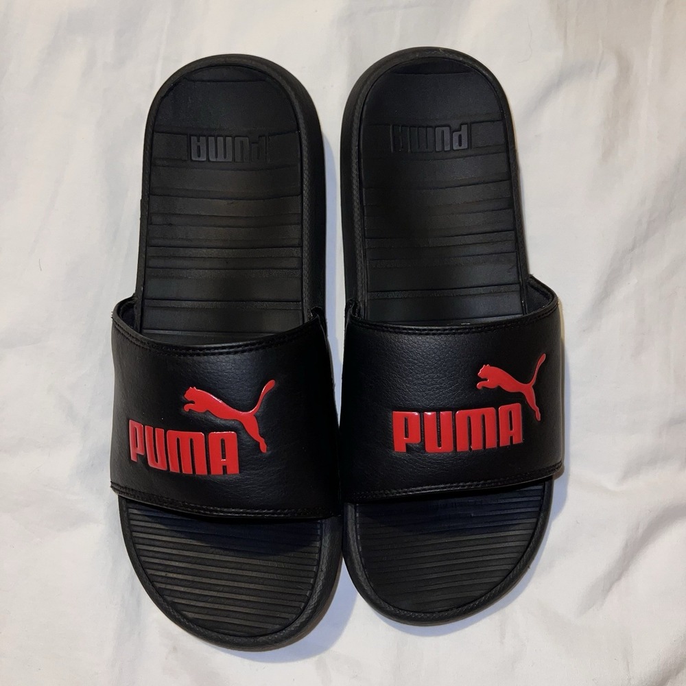 Puma Sandals Mens 9 Cool Cat Casual Slip On Flats Slides Black Red Faux  Leather - Picture 2 of 9